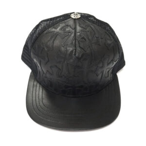 Chrome Hearts Cemetery Cross Leather Stitched Trucker Hats – Black